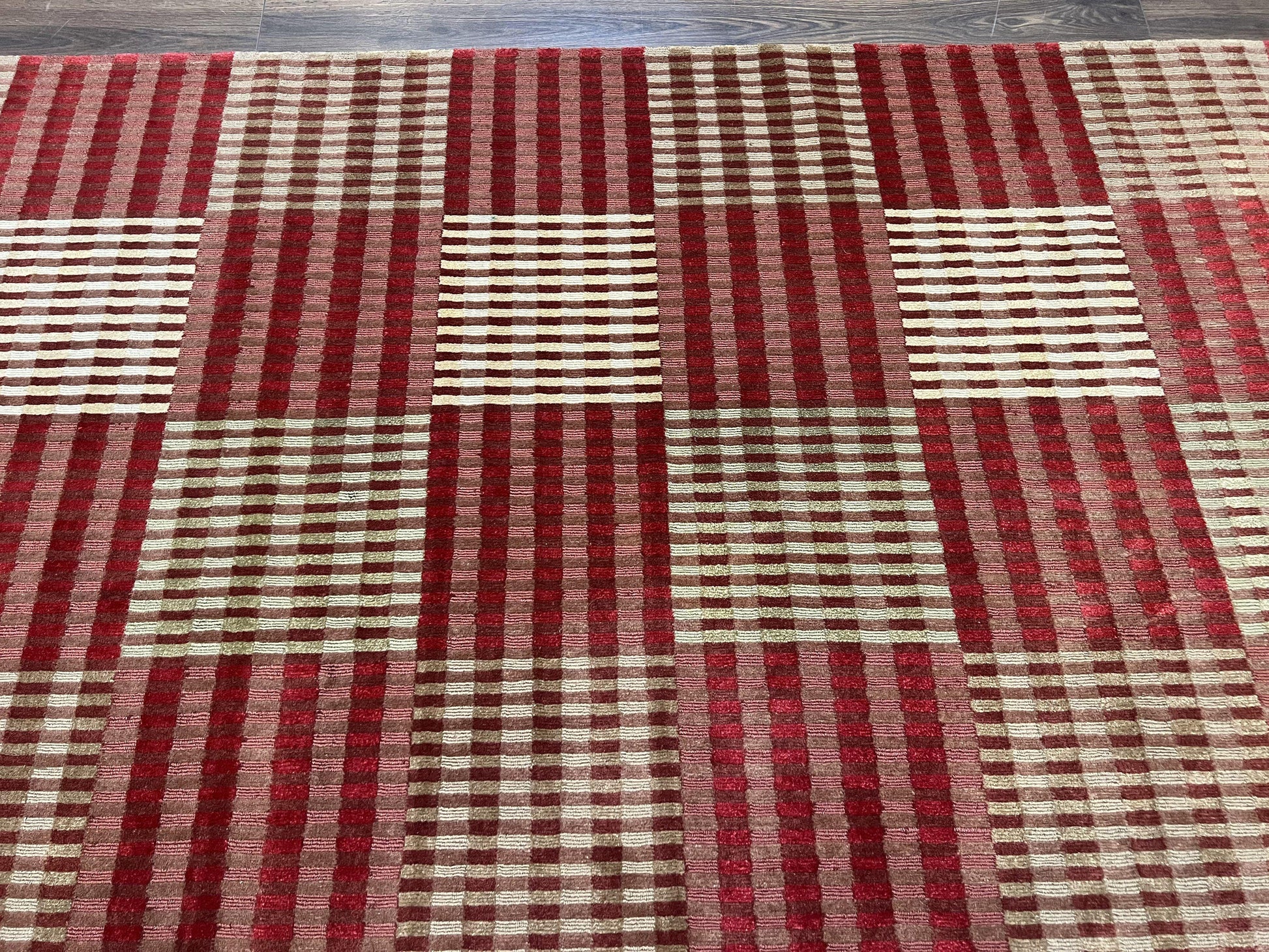 Modern Tibetan Rug 8x10, Hand Knotted Contemporary Nepali Carpet 8 x 10, Checkerboard Design, Red Cream Light Brown, Very Fine Wool & Silk - Nuvé