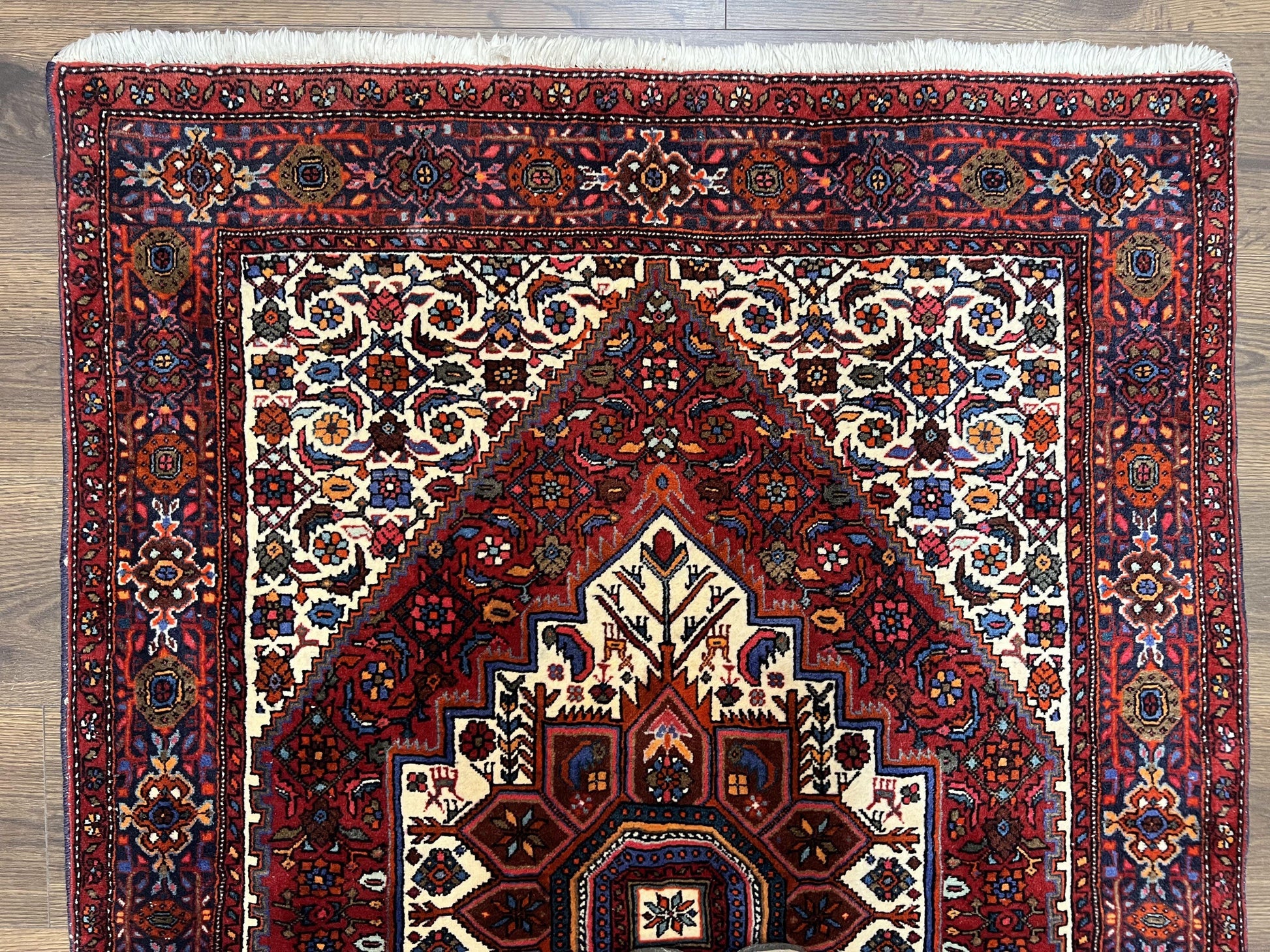 Fine Persian Bidjar Rug 3x5, Geometric Medallion Oriental Bijar Carpet 3 x 5 ft, Ruby Red and Cream, Hand Knotted Wool Rug, Semi Antique Tribal Rug, Nice - Nuvé