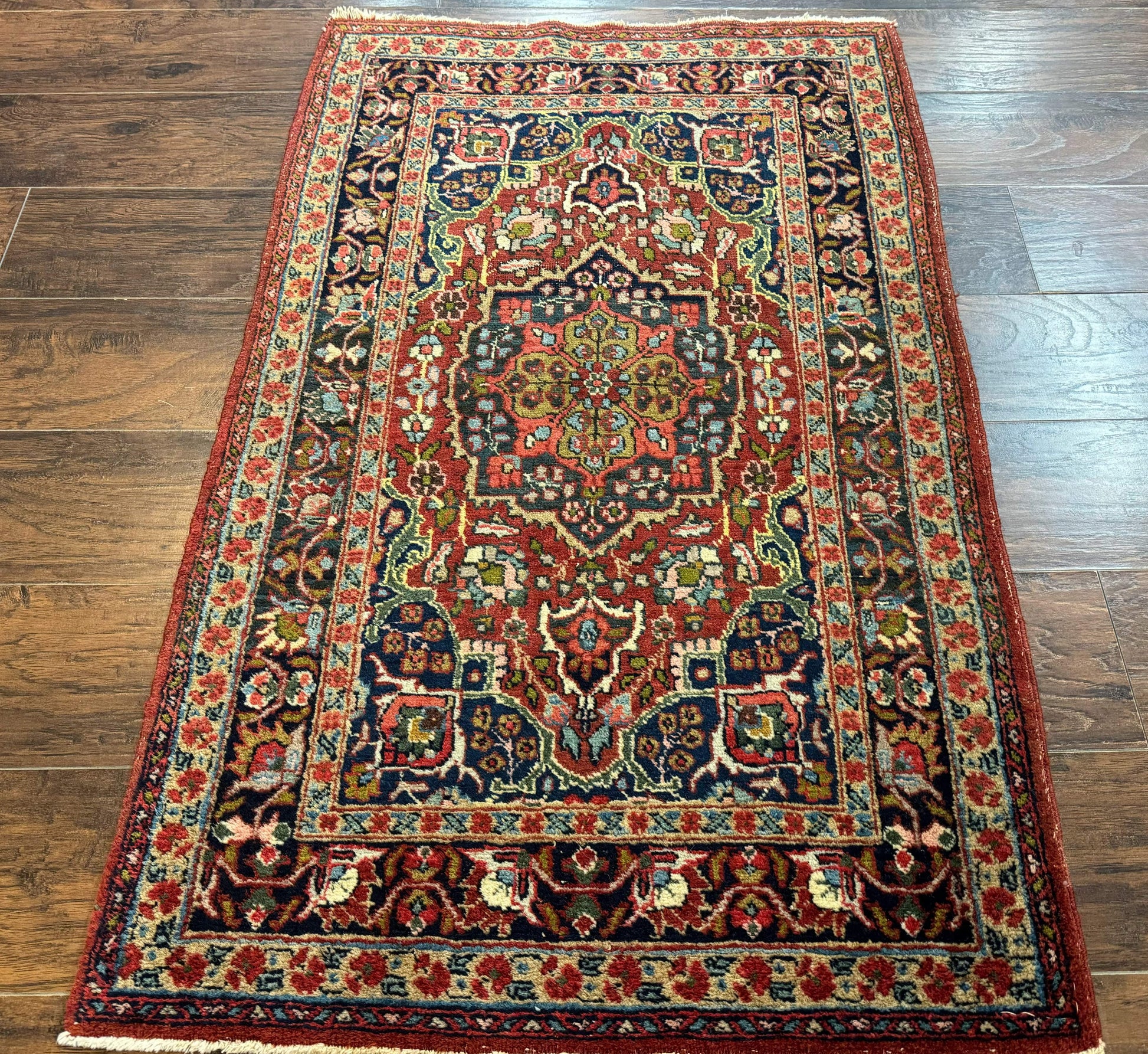 Antique Persian Tabriz Rug 3x5, Brick Red Navy Blue, Floral Medallion, Small Persian Carpet - Nuvé
