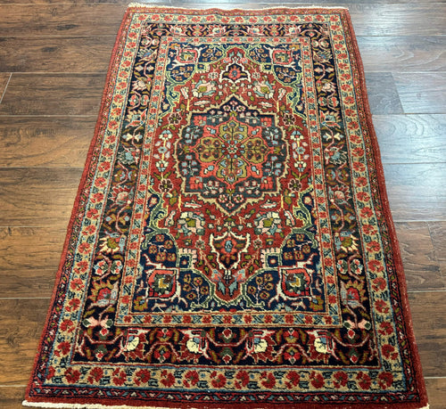Antique Persian Tabriz Rug 3x5, Brick Red Navy Blue, Floral Medallion, Small Persian Carpet - Nuvé
