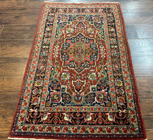 Antique Persian Tabriz Rug 3x5, Brick Red Navy Blue, Floral Medallion, Small Persian Carpet - Nuvé