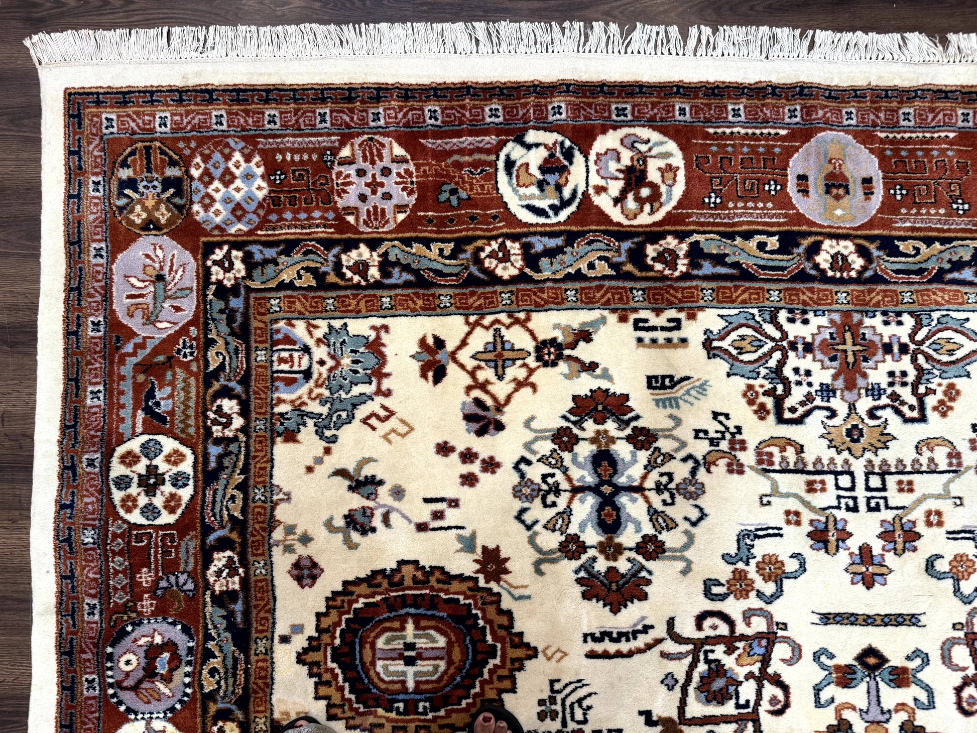 Indo Chinese Wool Rug 9x12, Ivory and Rust Red, Dragon Motifs - Nuvé