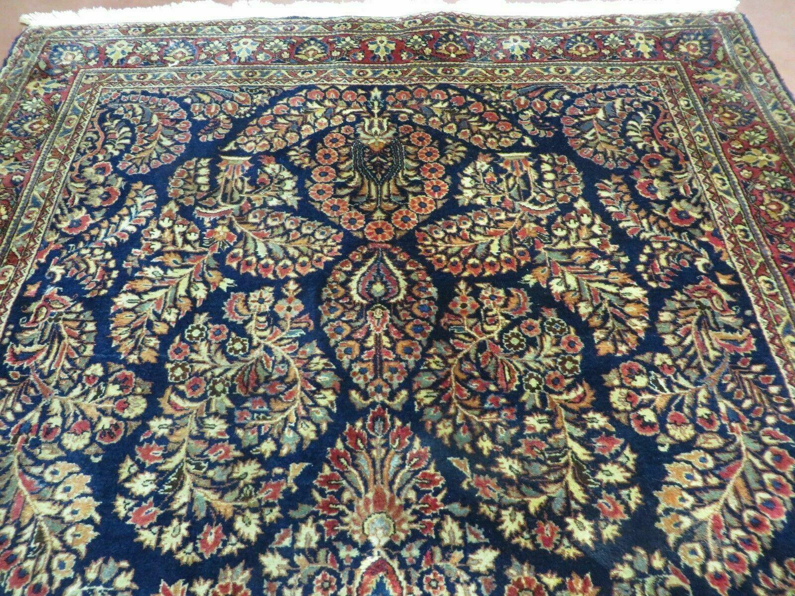 Antique Persian Sarouk Rug 4x6, Hand Knotted 1920s Oriental Carpet 4 x 6 ft, Navy Blue and Red Wool Rug, Handmade Floral Allover Persian Area Rug - Nuvé