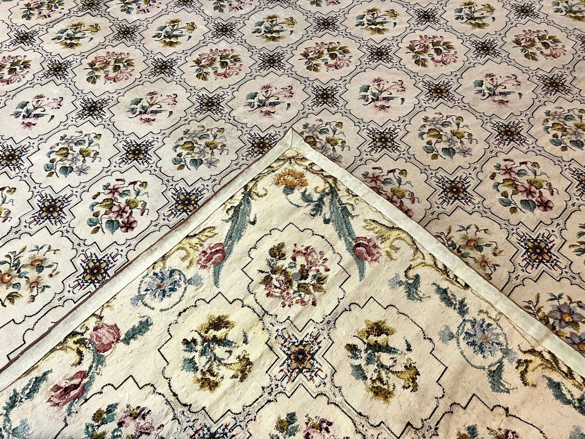 Needlepoint Rug 10x14, Wool Handmade Vintage Needlepoint Carpet, Floral Panel Design, Ivory/Cream - Nuvé