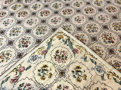 Needlepoint Rug 10x14, Wool Handmade Vintage Needlepoint Carpet, Floral Panel Design, Ivory/Cream - Nuvé
