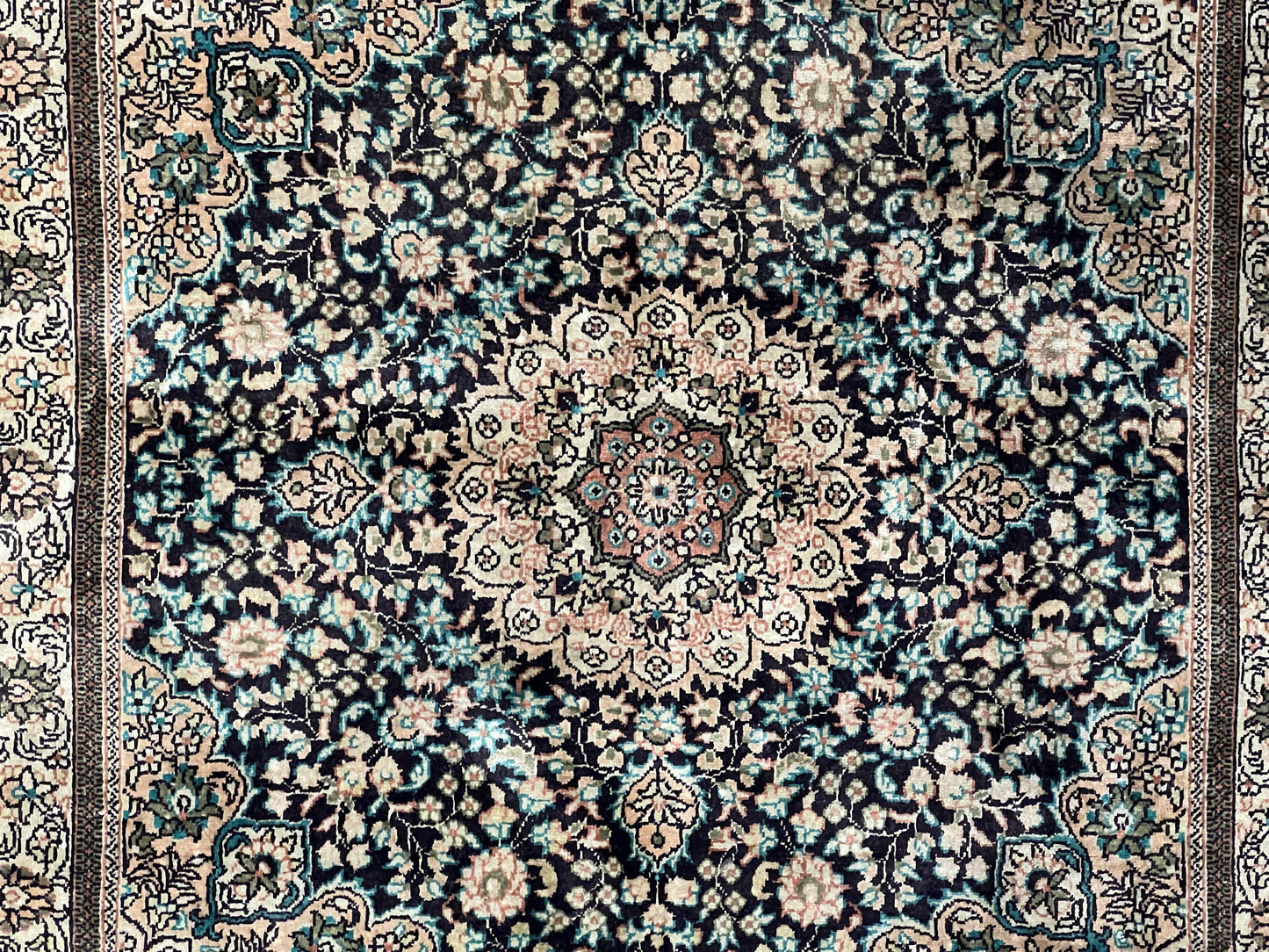Sino Persian Silk Rug 2x2 ft, Very Fine High KPSI Small Silk Oriental Carpet, Hand-Knotted, Medallion, Vintage Silk Rug, Black Ivory/Cream - Nuvé