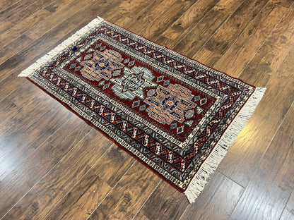 Pakistani Rug 3x5 ft, Caucasian Kazak Design, Geometric Rug, Small Vintage Oriental Carpet, Dark Red Vintage Handmade Wool Rug 3 x 5 - Nuvé