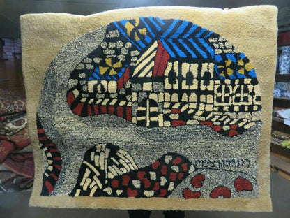 3' X 4' Vintage Hand Crafted Israel Wool Rug Carpet Wall Hanging Signed Hebrew - Nuvé