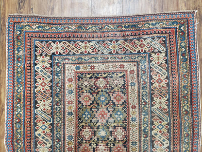 Caucasian Rug 3'9" x 5'7", Antique 1920s Collectible Caucasian Chi Chi Carpet, Hand Knotted, Colorful, Dark Blue Cream Red, Wool, Small Rug - Nuvé