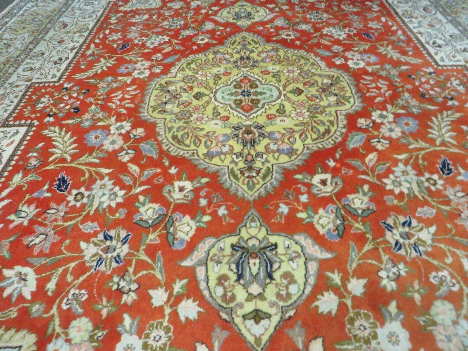 Vintage Persian Tabriz Rug 9x12, Tabatabaie Rug 9x12 Carpet, Handmade Hand Knotted Wool Area Rug, Tomato Red Beige, Medallion Rug, Floral - Nuvé