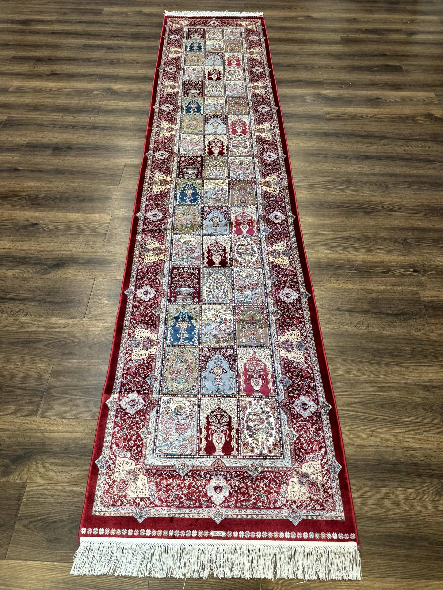 Turkish Silk Runner Rug 2.6 x 11.6, Panel Design, Dark Red Ivory, Bamboo Silk, New