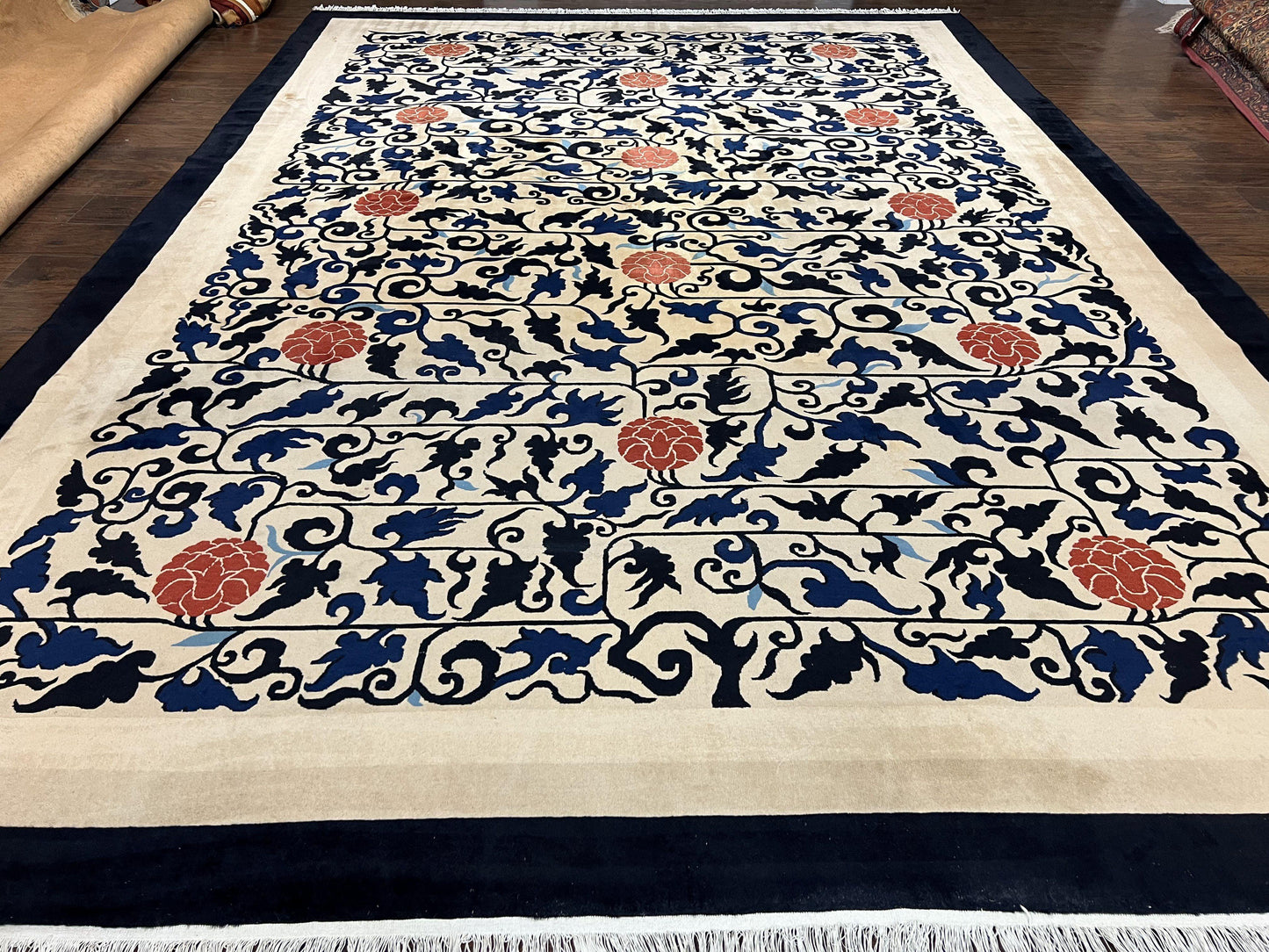 Antique Chinese Peking Rug 10x14, Beige Black, Handmade Wool Art Deco Carpet - Nuvé