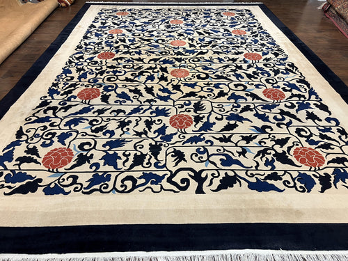 Antique Chinese Peking Rug 10x14, Beige Black, Handmade Wool Art Deco Carpet - Nuvé