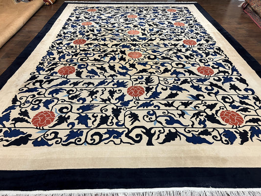 Antique Chinese Peking Rug 10x14, Beige Black, Handmade Wool Art Deco Carpet - Nuvé