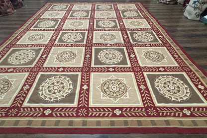 Needlepoint Rug 9x12, Panel Design, Burgundy Taupe, Elegant - Nuvé
