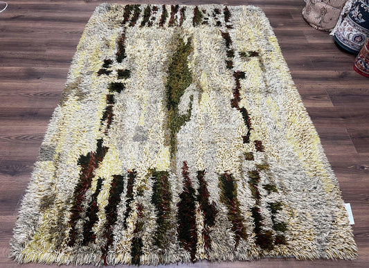 Swedish Rya Shag Rug 5x8, Multicolor Abstract Mid Century Vintage Retro Shag Rug, Soft Fluffy High Pile, Cream Gray Greens, 5 x 8 Shag Rug - Nuvé