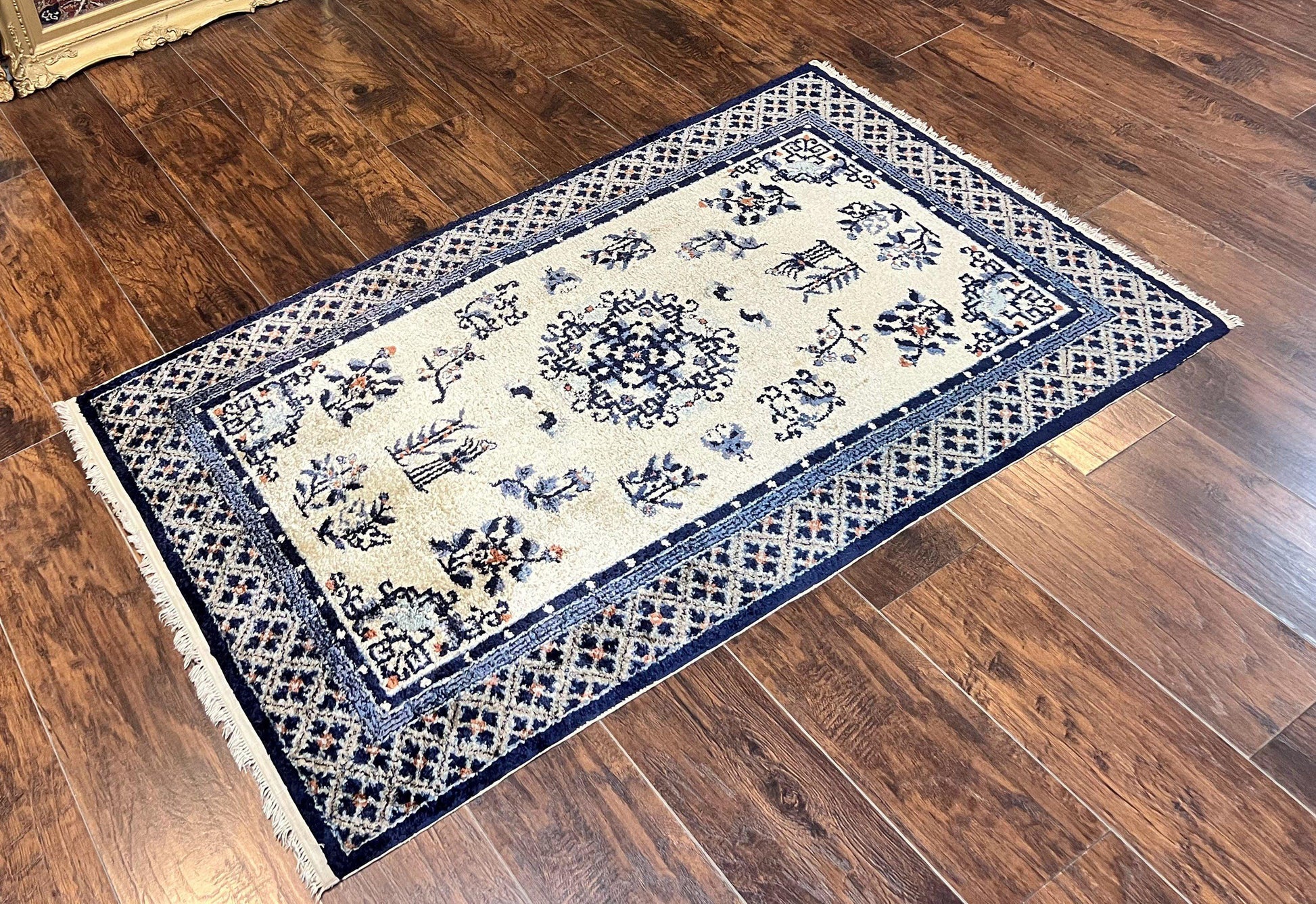Silk Chinese Rug 3x5, Vintage Handmade Peking Carpet, Asian Oriental Art Deco Rug - Nuvé