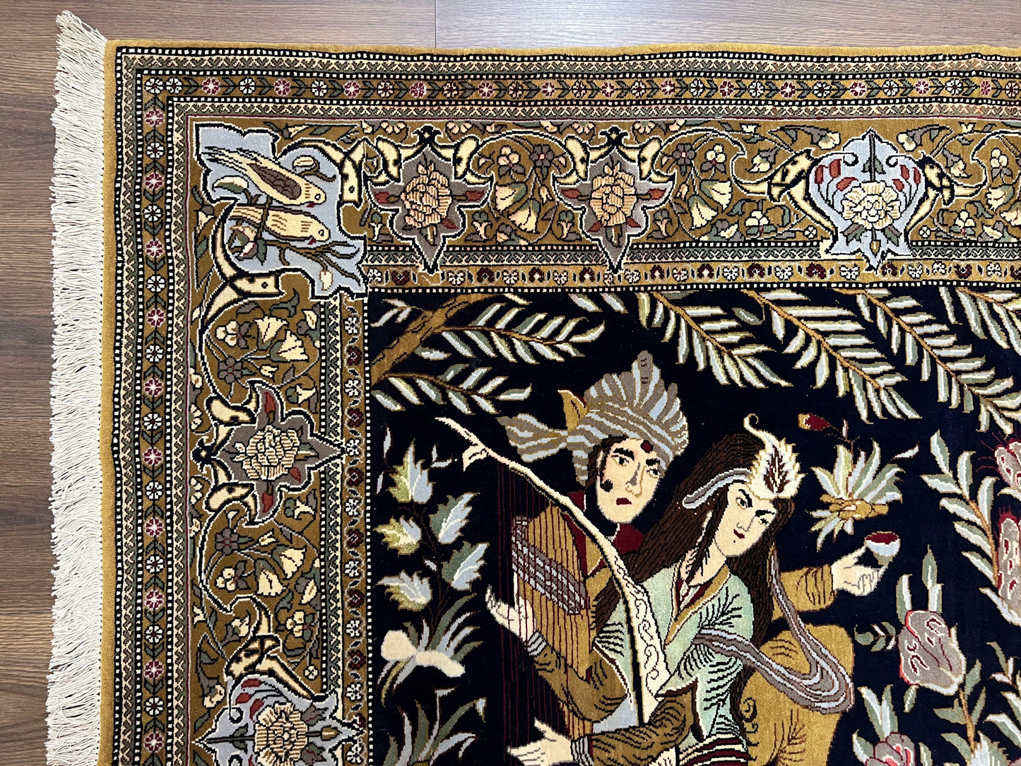 Persian Qum Pictorial Rug 4.8 x 6.5 - Layla & Majnun, Birds - Nuvé