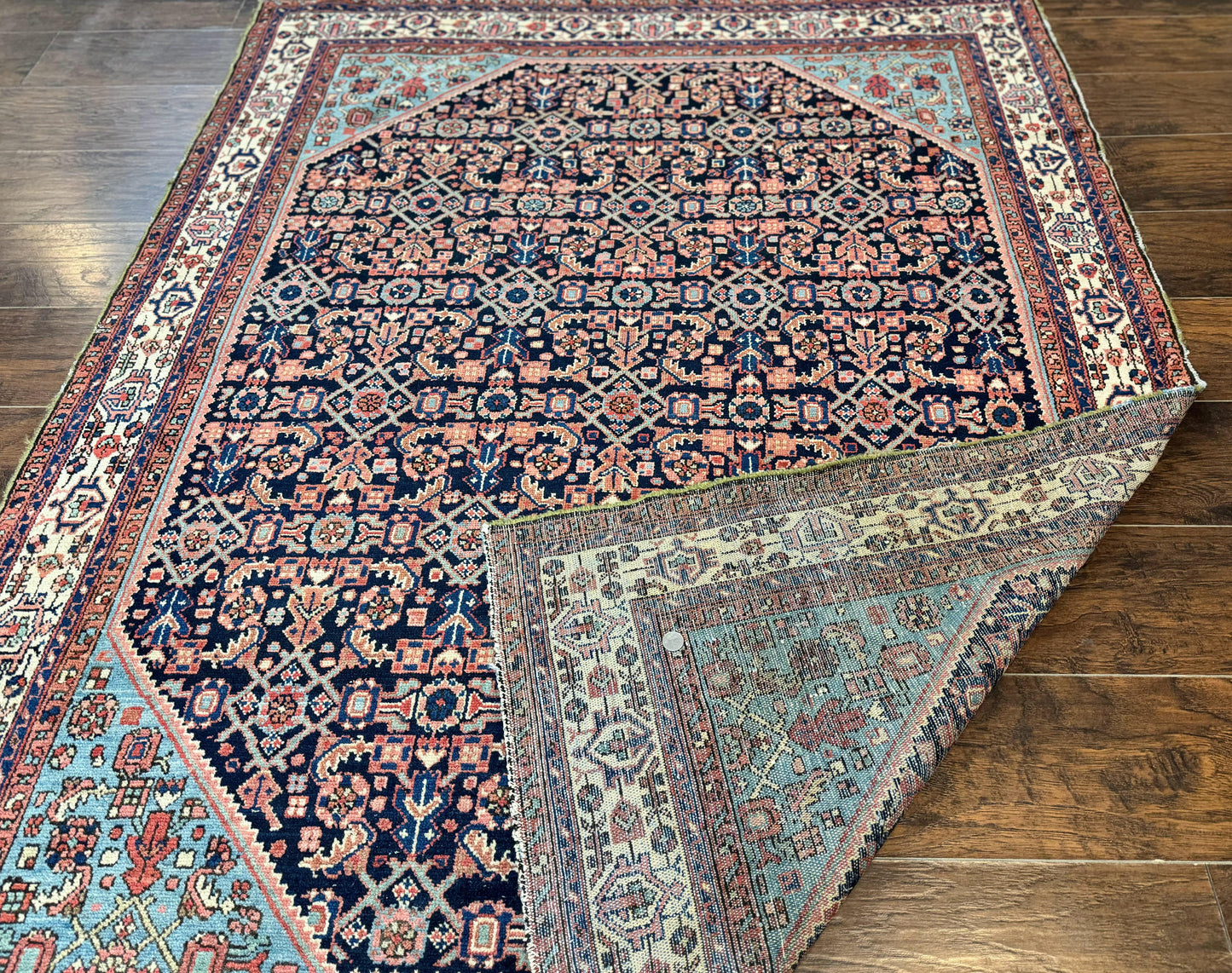 Antique Persian Rug 5 x 6.7, Navy Blue & Ivory, Handmade Persian Wool Carpet, Hamadan Angelas Rug - Nuvé
