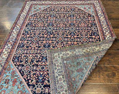 Antique Persian Rug 5 x 6.7, Navy Blue & Ivory, Handmade Persian Wool Carpet, Hamadan Angelas Rug - Nuvé