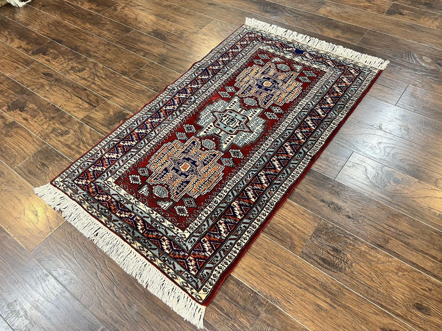Pakistani Rug 3x5 ft, Caucasian Kazak Design, Geometric Rug, Small Vintage Oriental Carpet, Dark Red Vintage Handmade Wool Rug 3 x 5 - Nuvé