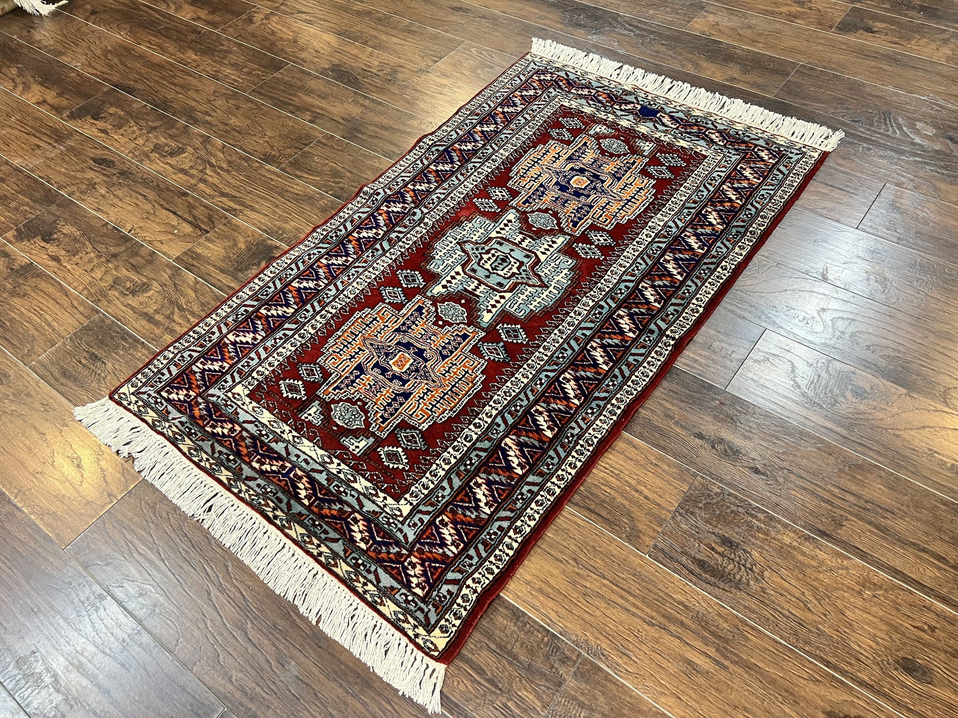 Pakistani Rug 3x5 ft, Caucasian Kazak Design, Geometric Rug, Small Vintage Oriental Carpet, Dark Red Vintage Handmade Wool Rug 3 x 5 - Nuvé