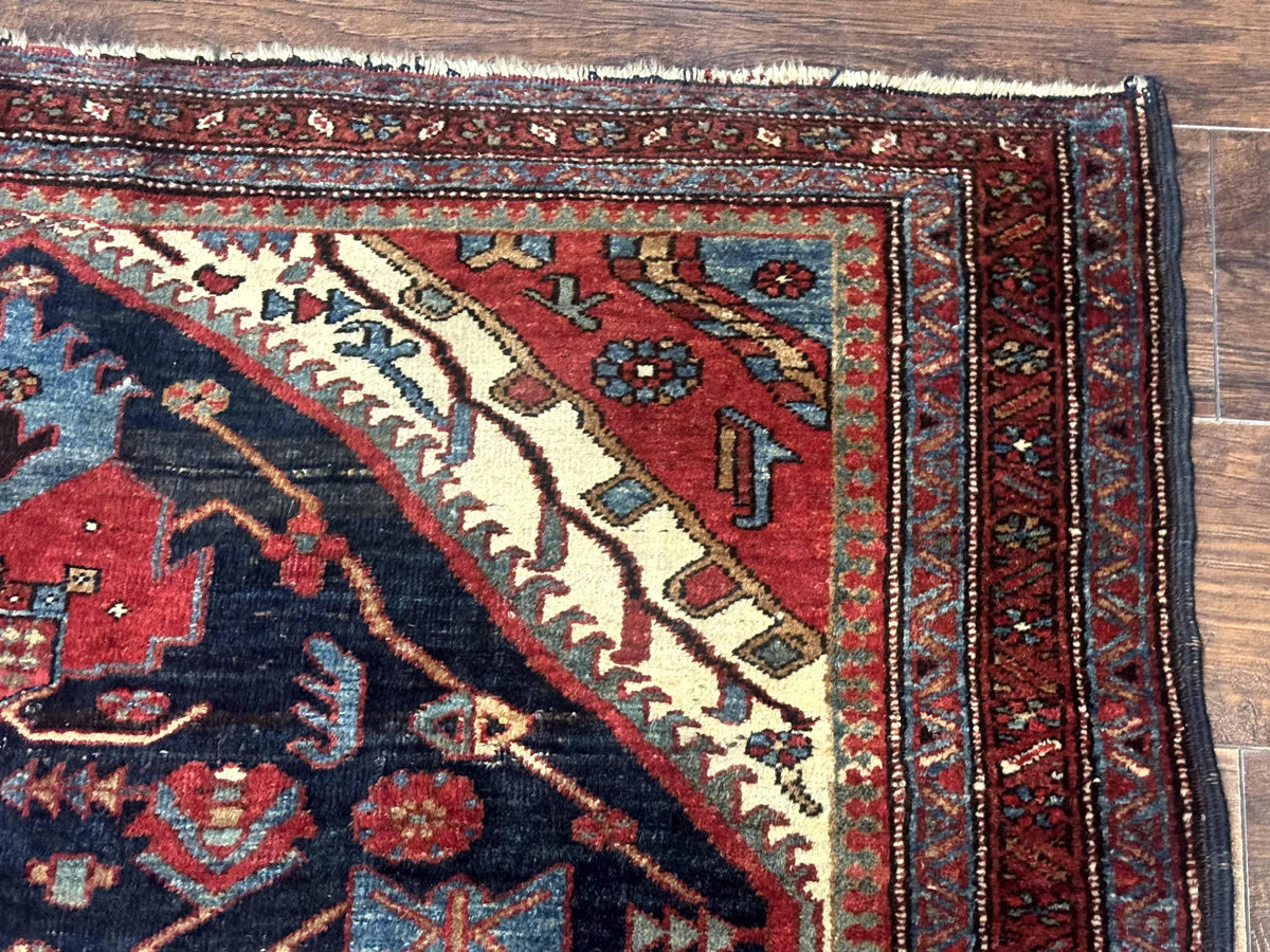 Antique Persian Bidjar Rug 5x6, Navy Blue and Red, Persian Tribal Rug