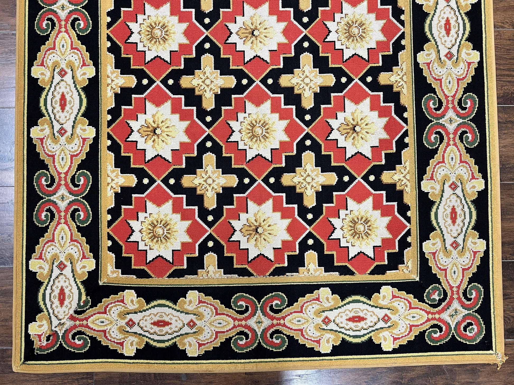 Runner Rug 4x19, Panel Design Rug, Custom Made Stark Runner Carpet, Wool, Vintage 4 x 19 Hallway Rug, European Design, Red Black Ivory Tan - Nuvé