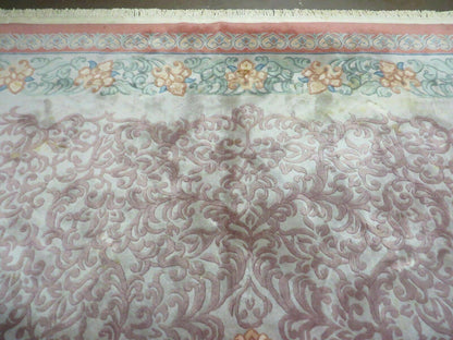 9' X 12' Vintage Handmade Chinese Carving Sculpture Wool Rug Flower Design Pink Carpet