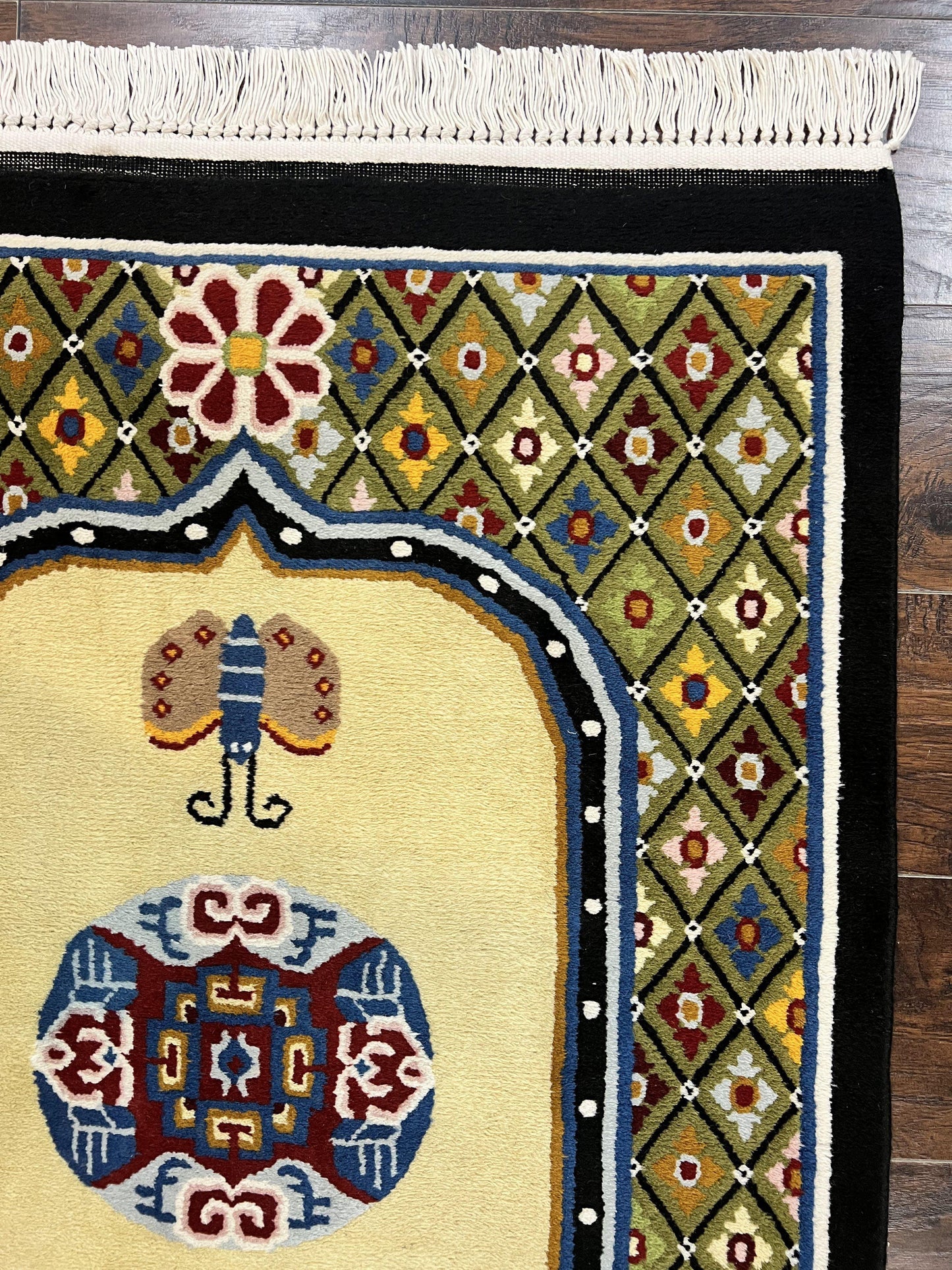 Chinese Rug 3x6 ft, Chinese Wool Rug, Tiensin Rug, Handmade Wool 3 x 6 Vintage Peking Rug, Art Deco Rug, Butterflies - Nuvé