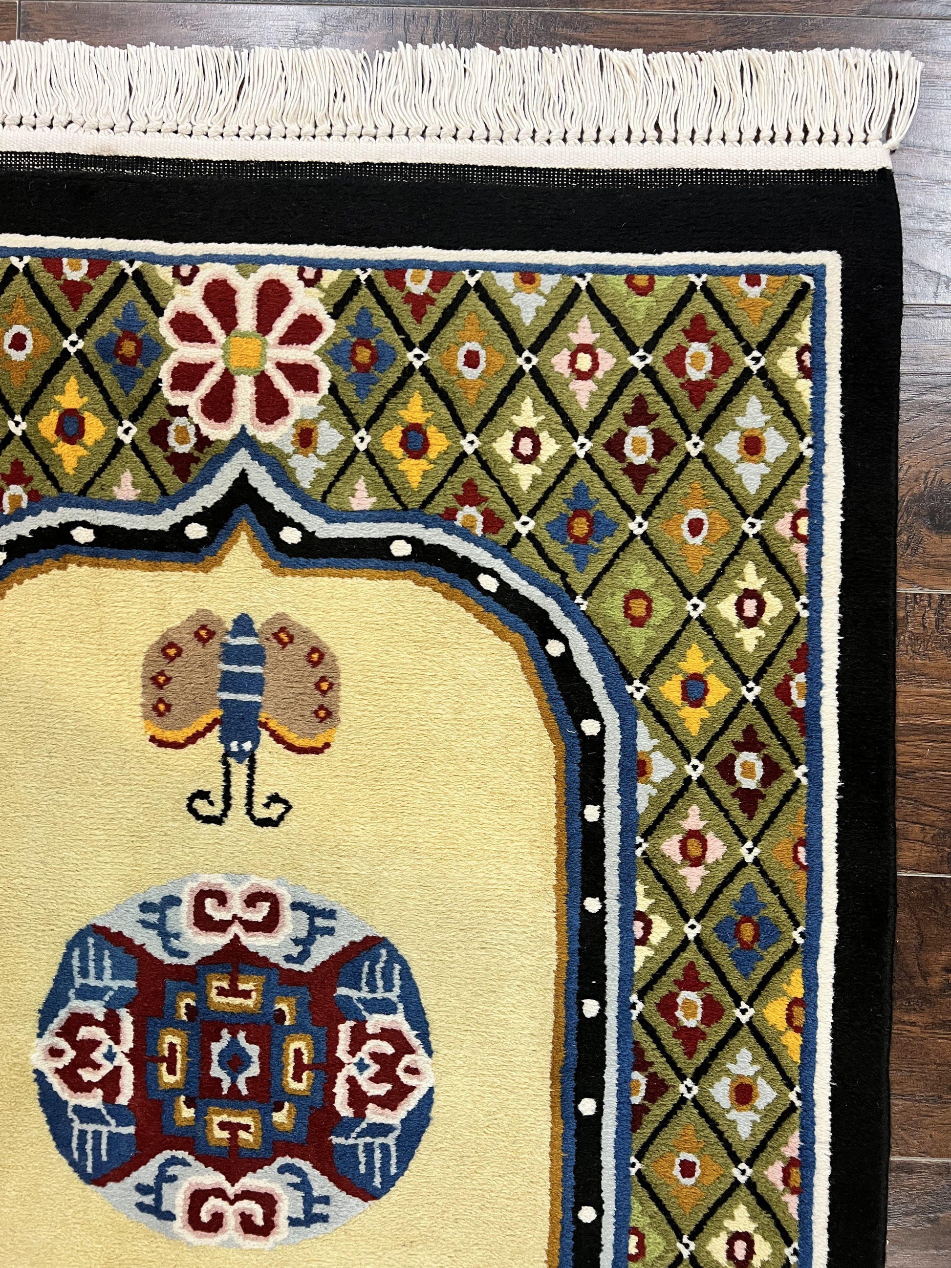 Chinese Rug 3x6 ft, Chinese Wool Rug, Tiensin Rug, Handmade Wool 3 x 6 Vintage Peking Rug, Art Deco Rug, Butterflies - Nuvé