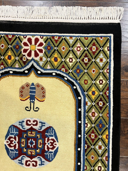 Chinese Rug 3x6 ft, Chinese Wool Rug, Tiensin Rug, Handmade Wool 3 x 6 Vintage Peking Rug, Art Deco Rug, Butterflies - Nuvé
