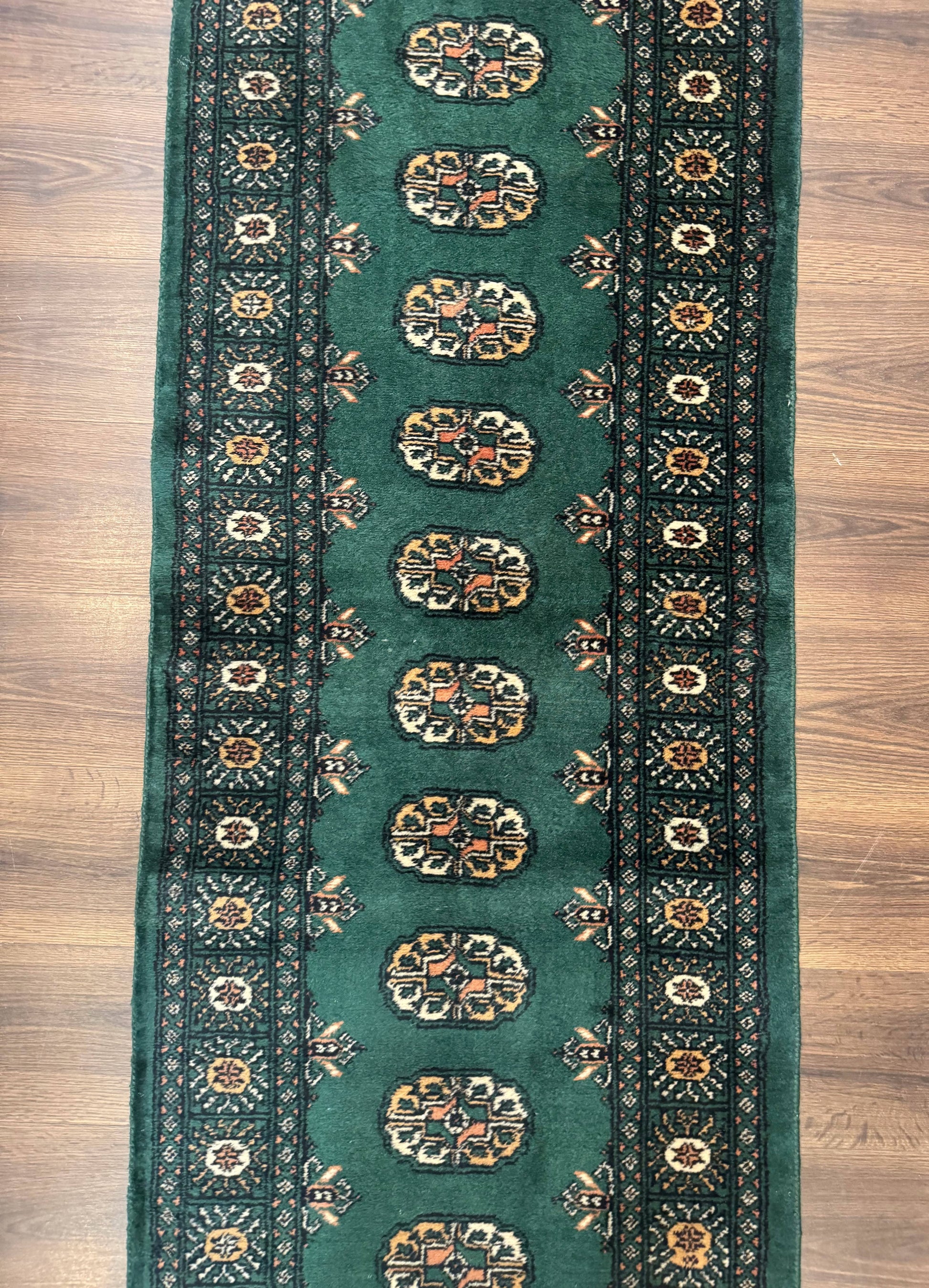 Pakistani Bokhara Runner Rug 2.5 x 11, Green Turkoman Wool Runner for Hallway - Nuvé