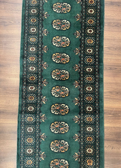 Pakistani Bokhara Runner Rug 2.5 x 11, Green Turkoman Wool Runner for Hallway - Nuvé