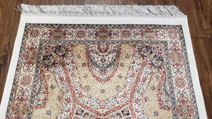 Persian Design Silk Accent Rug, Dome Medallion, Allover Pattern Oriental Carpet, Small Silk Rug, Cream, Ivory, Bamboo Silk, 2' 8" x 4' 1" - Nuvé