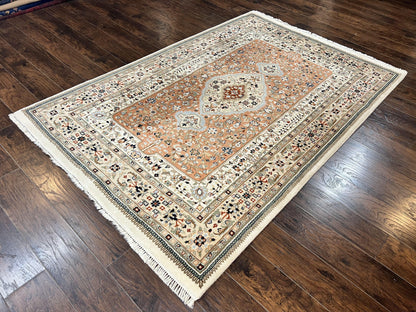 Indo Persian Rug 6x9, Wool Hand Knotted Vintage Carpet, Salmon & Ivory, Traditional Oriental Rug 6 x 9 - Nuvé