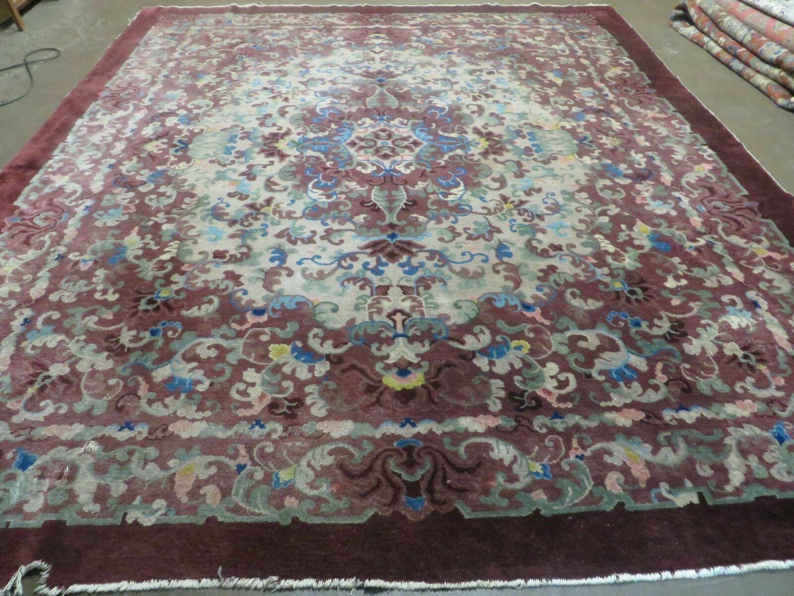 8' X 10' Vintage Handmade Chinese Art Deco Peking Nichols Wool Rug Flowers Nice - Nuvé