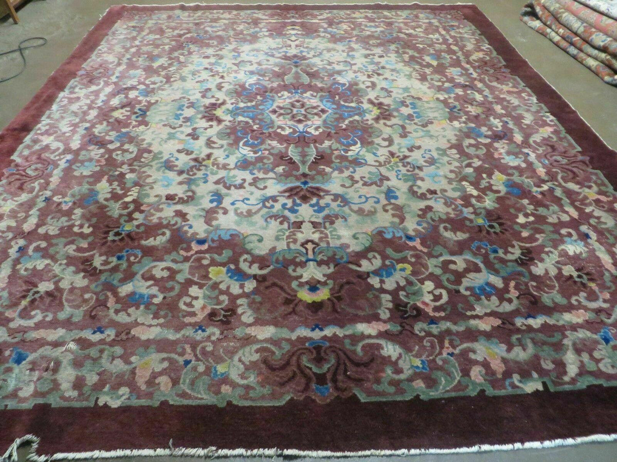 8' X 10' Vintage Handmade Chinese Art Deco Peking Nichols Wool Rug Flowers Nice
