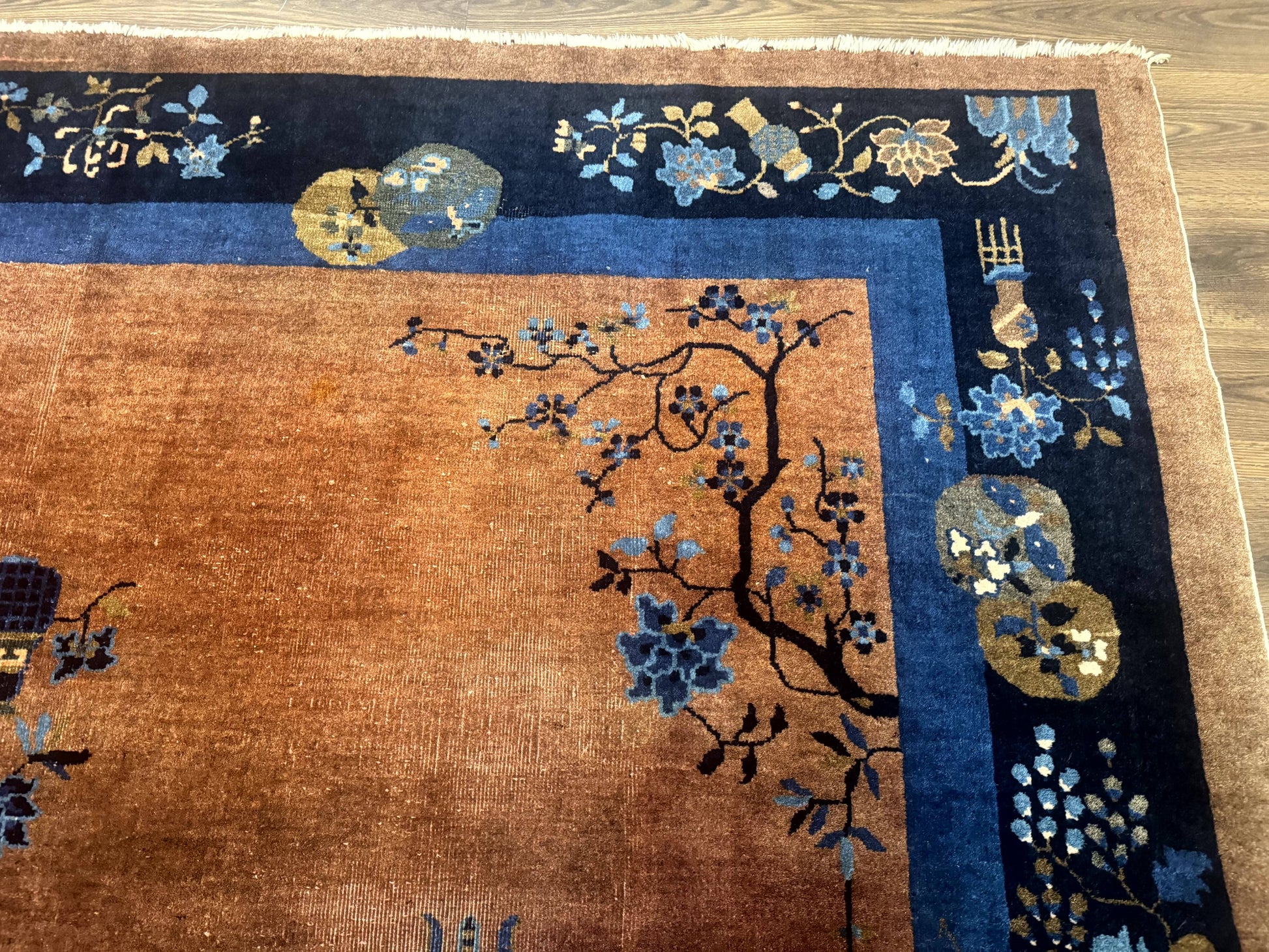 Antique Chinese Wool Rug 9x12, Light Brown and Navy Blue, Fete Peking Art Deco - Nuvé