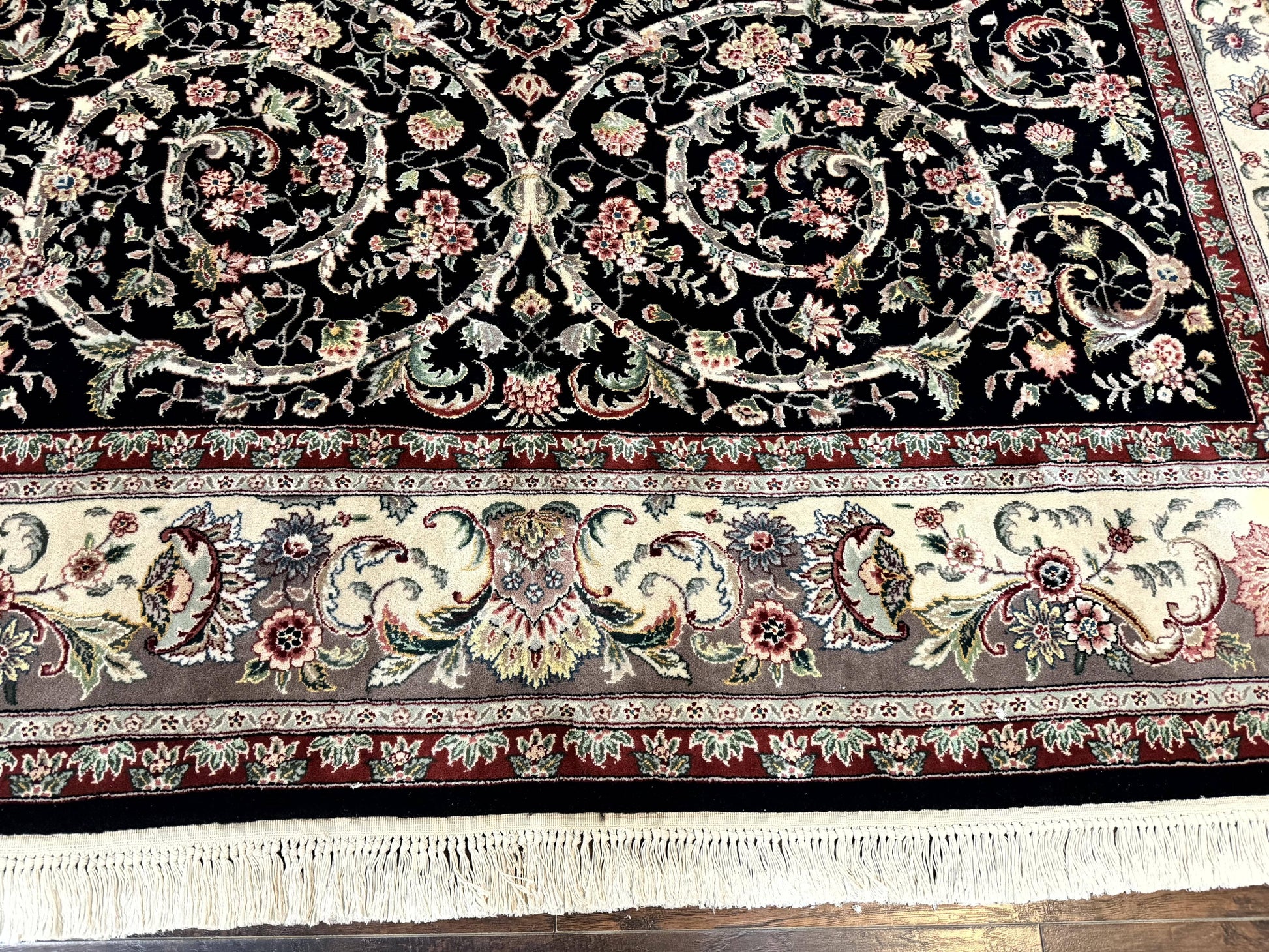 Black Pak Persian Rug 8x11, Floral Pattern, Hand Knotted Vintage Wool Rug with Silk Highlights, Fine 200 KPSI - Nuvé
