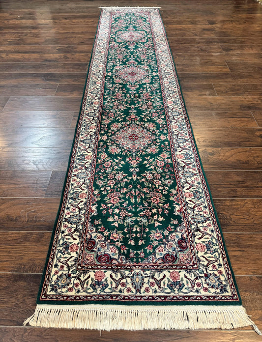 Sino Persian Runner Rug 2.7 x 12, Floral Allover, Dark Green, Vintage HandmadeOriental Carpet for Hallway, 12ft Runner, 200 KPSI - Nuvé