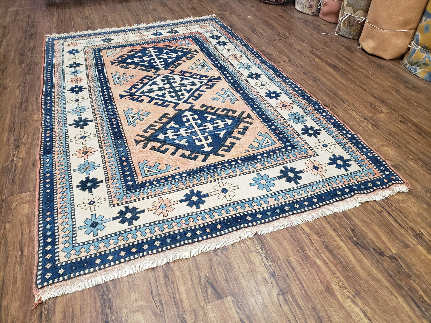 Turkish Kazak Rug 5x8 ft, Bold Geometric Bohemian Carpet, Blue and Ivory Hand Knotted Area Rug, Medium Sized High Quality Wool Oriental Rug - Nuvé