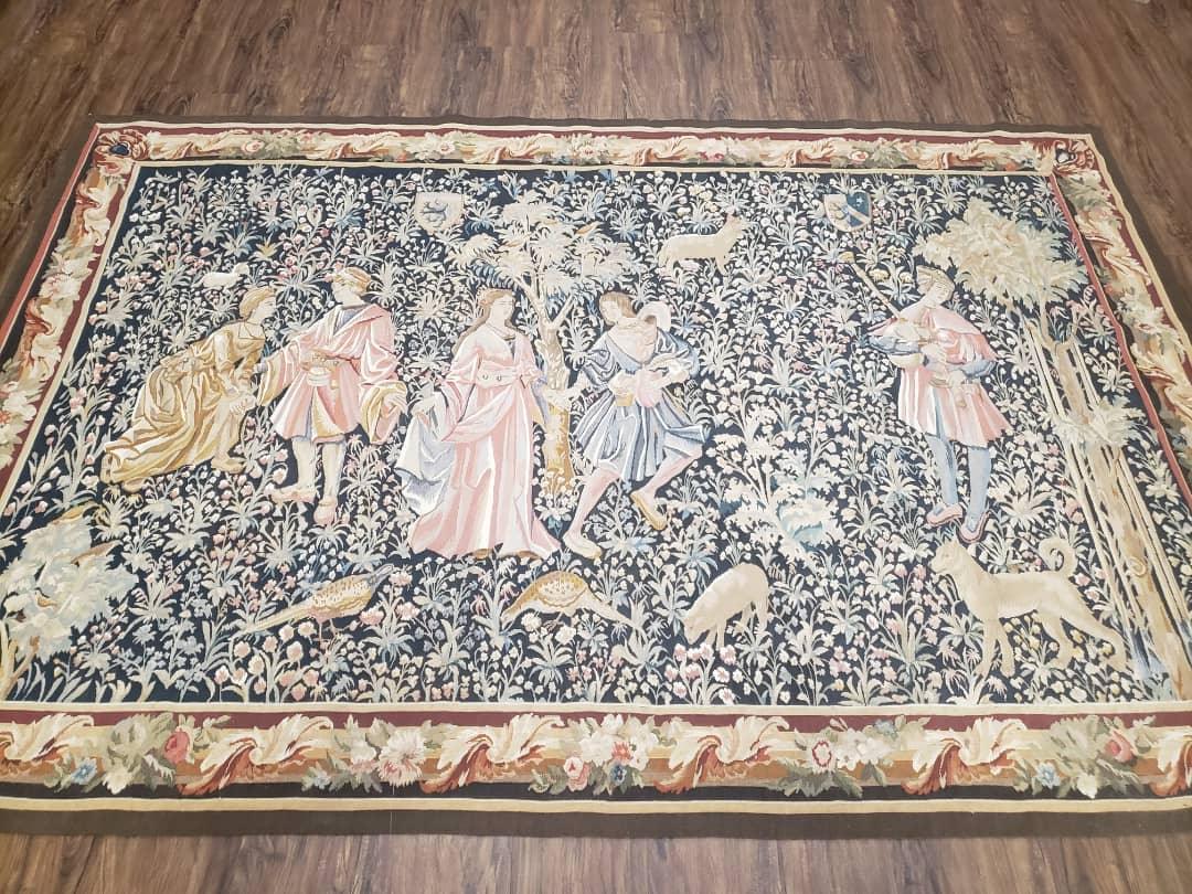 Vintage European Tapestry 5.4 x 7.11, Antique Style European Wall Hanging, Aubusson Weave Handmade Tapestry, Courtship Dating Scene, Animals - Nuvé