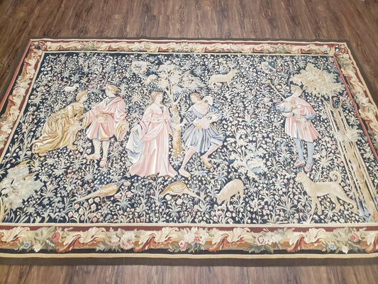 Vintage European Tapestry 5.4 x 7.11, Antique Style European Wall Hanging, Aubusson Weave Handmade Tapestry, Courtship Dating Scene, Animals - Nuvé