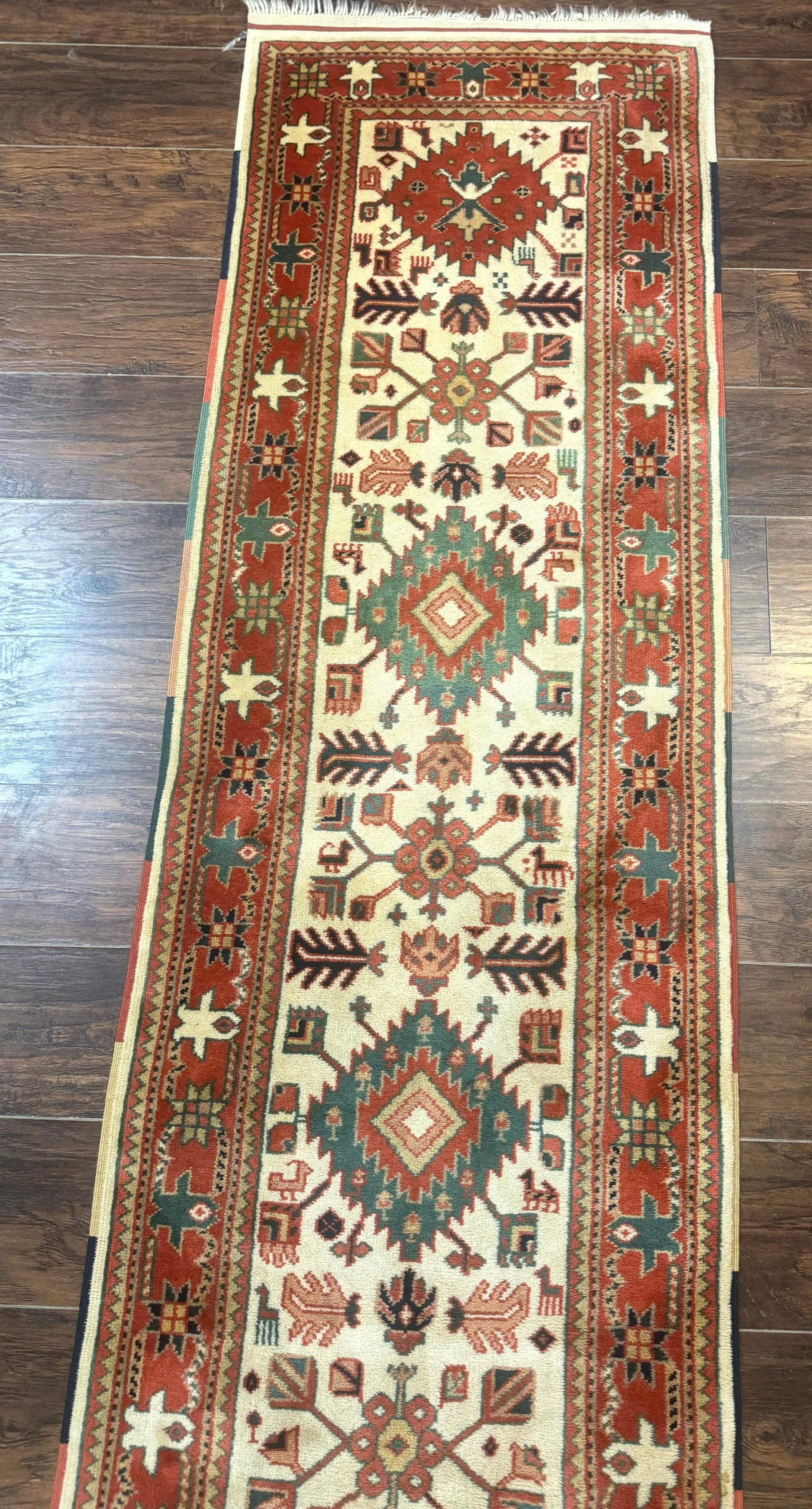 Turkish Runner Rug 2.4 x 8, Kazak Geometric Heriz Pattern, Beige Red - Nuvé
