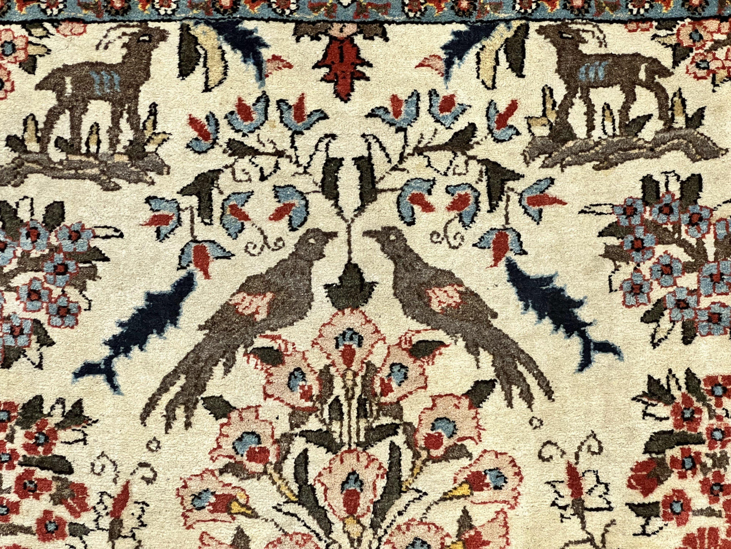Persian Tree of Life 5x7, Qum Rug, Animal Motifs, Deer Birds, Fine 225 KPSI, Semi Antique Vintage Handmade Wool Rug, Cream Red - Nuvé