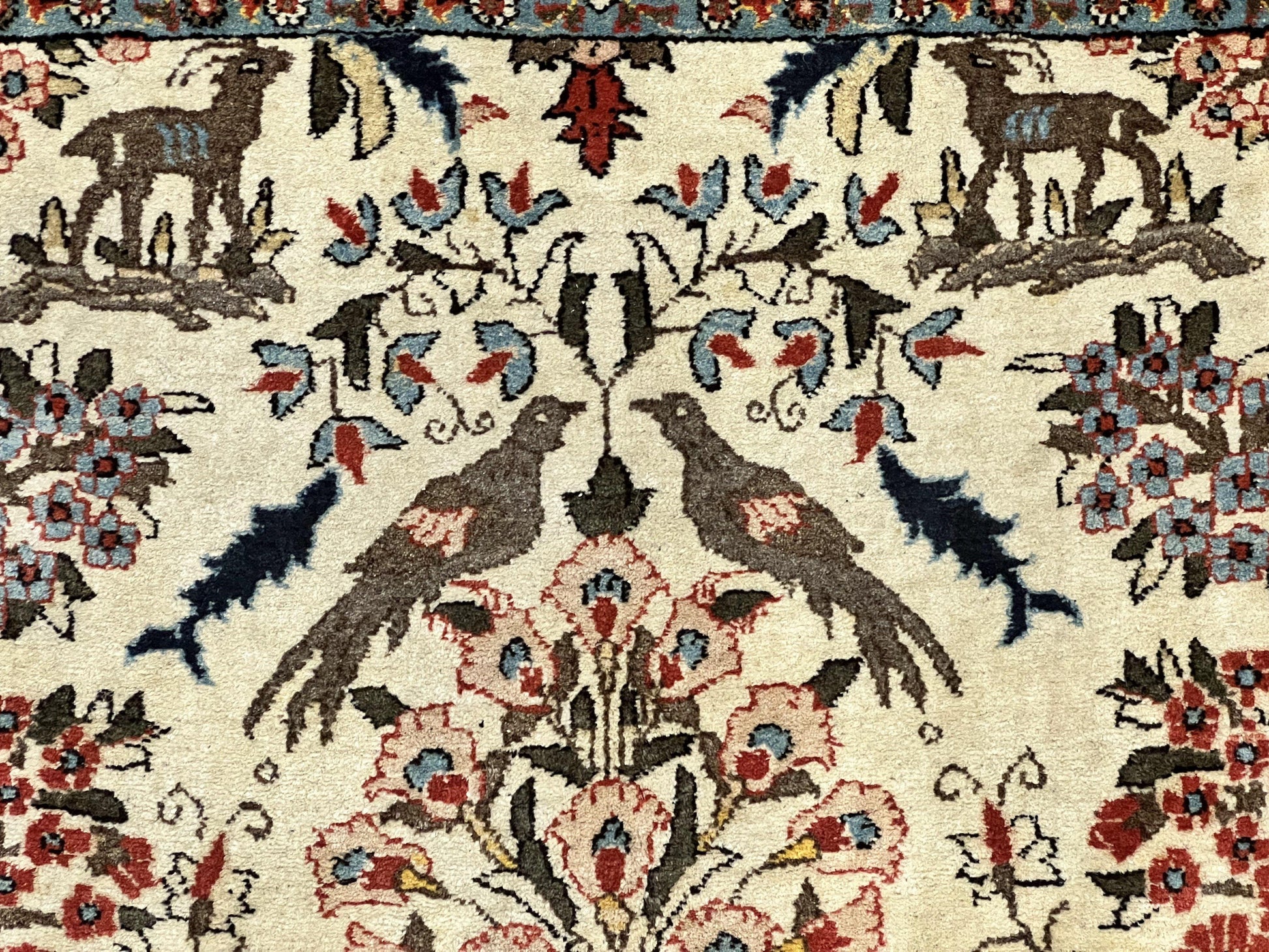 Persian Tree of Life 5x7, Qum Rug, Animal Motifs, Deer Birds, Fine 225 KPSI, Semi Antique Vintage Handmade Wool Rug, Cream Red - Nuvé