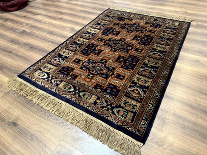 Vintage Afghan Rug 4x6, Navy Blue and Light Brown, Geometric Medallions, Wool on Wool, Tribal Rug - Nuvé