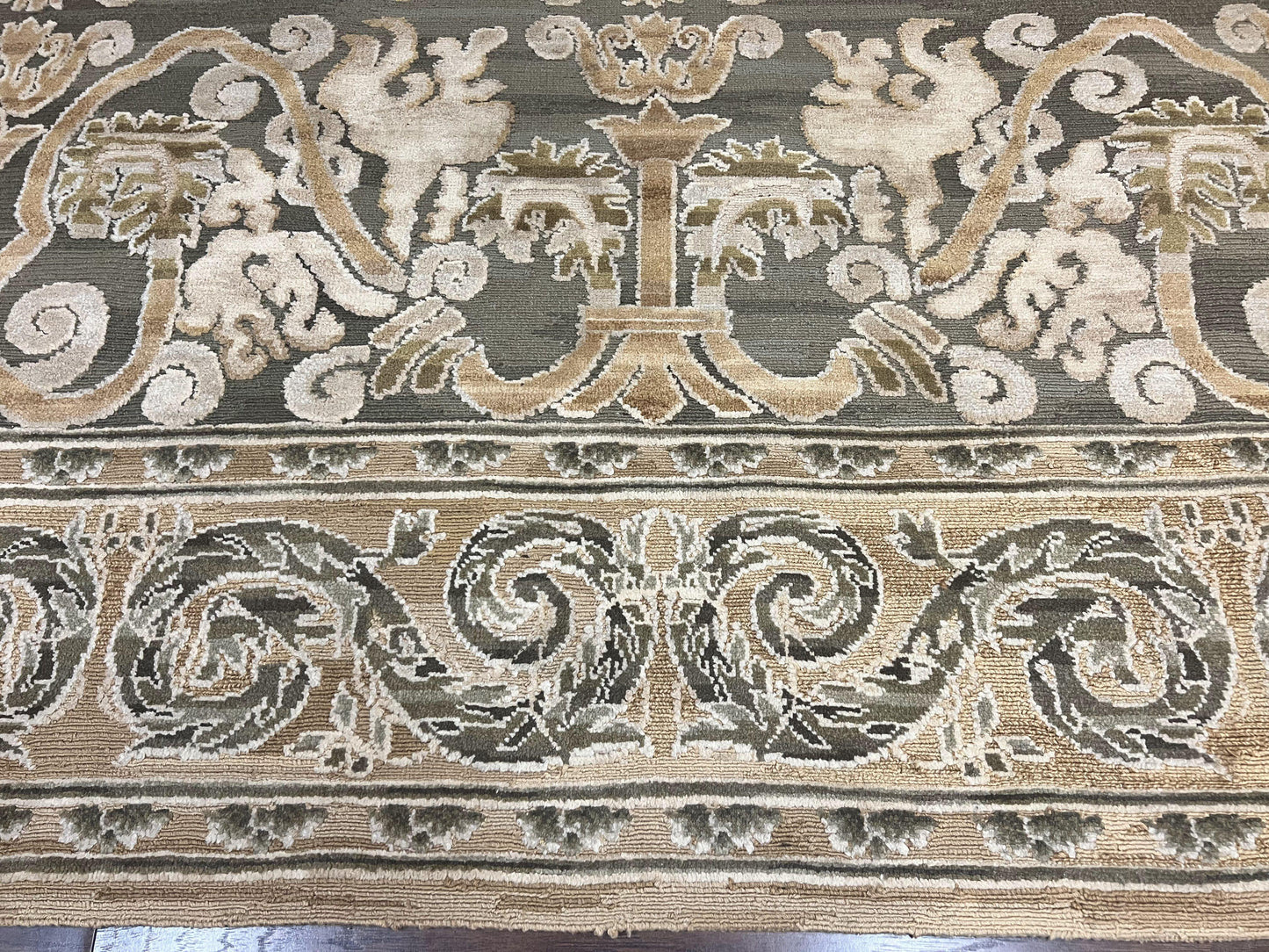 Spanish Rug 11x14, Wool Hand Knotted Vintage Carpet, Olive Green and Beige, Floral Allover, European Design, 11 x 14 Rug - Nuvé