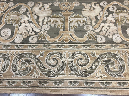 Spanish Rug 11x14, Wool Hand Knotted Vintage Carpet, Olive Green and Beige, Floral Allover, European Design, 11 x 14 Rug - Nuvé